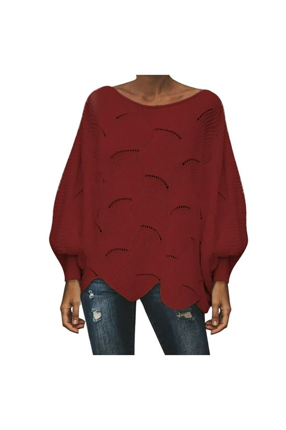 Women's Long Sleeve Solid Color Casual Hollow Chain Link Loose Knitted Bat Sweater Loose Pullover Blouse