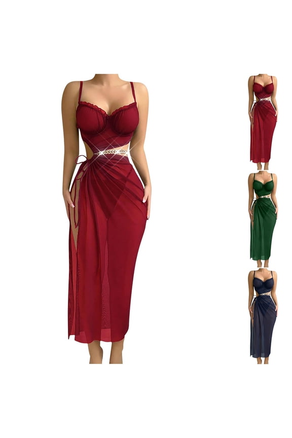 Women's Mesh Lingerie Dress Underwire Babydoll Chemise High Slit Nightgown with Waist Chain Green L