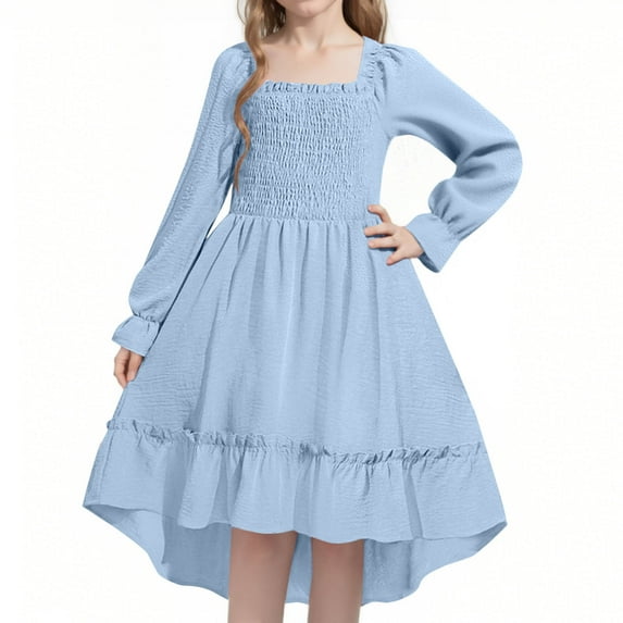 JSGEK Women's Mesh Long Sleeve Square Neck Dress High Waist A Line Ruffle Hem Flowy Casual Party Mini Dress Blue 12-13Years