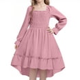 thumbnail image 1 of JSGEK Women's Mesh Long Sleeve Square Neck Dress High Waist A Line Ruffle Hem Flowy Casual Party Mini Dress Pink 13-14Years, 1 of 2