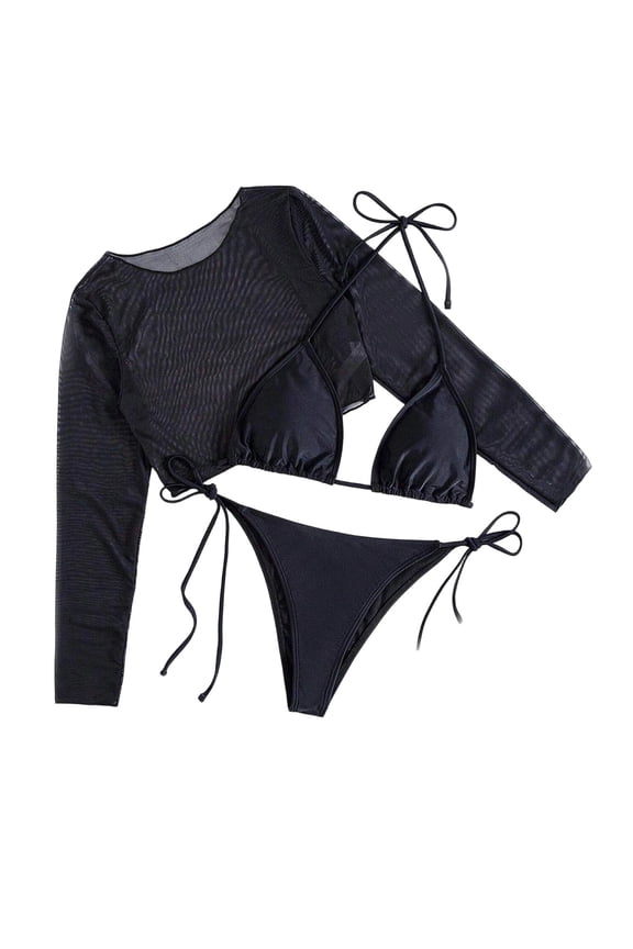 Women's Mesh Long Sleeve Swimsuit Cover Up Lightweight Fabric Stylish Design Beach Casual Wear Black XL