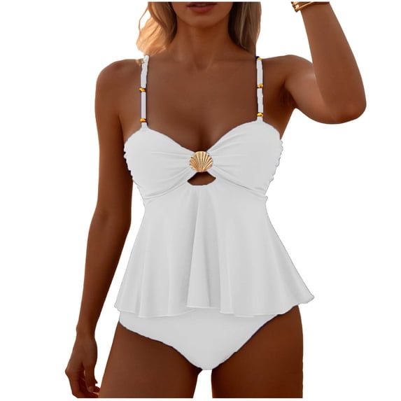JSGEK Women's Metal Buckle Skirt Hem Two Piece Swimsuit Comfortable Fabric Versatile Design Beach Casual Wear White XL