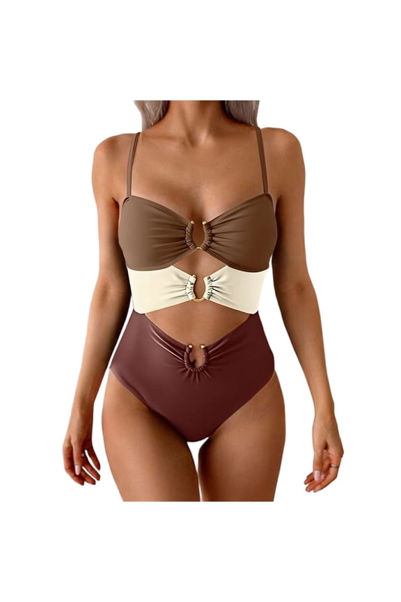 Women's One Piece Swimsuit Built-in Bra Support Figure Flattering Bare Back Halter Neck Mesh Accents Brown XXL