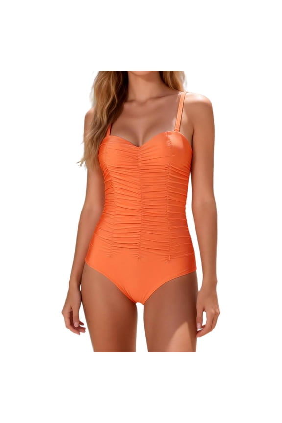 Women's One Piece Swimsuit Built-in Bra Support Shape Enhancing Bare Back Round Neck Lace Trim Orange XL