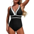 thumbnail image 1 of JSGEK Women's One Piece Swimsuit Built-in Bra Support Shape Enhancing Bare Back V-Neck Mesh Accents Resort Black XL, 1 of 6