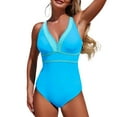 thumbnail image 1 of JSGEK Women's One Piece Swimsuit Built-in Bra Support Shape Enhancing Bare Back V-Neck Mesh Accents Resort Blue M, 1 of 5