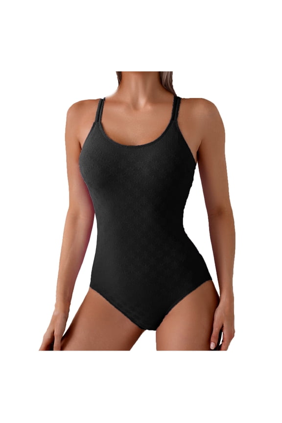 Women's One Piece Swimsuit Built-in Bra Support Wirefree Design Tummy Control Cut Out Back V-Neck Black S
