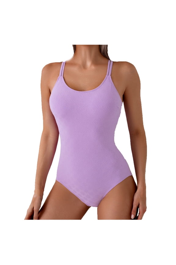 Women's One Piece Swimsuit Built-in Bra Support Wirefree Design Tummy Control Cut Out Back V-Neck Purple L