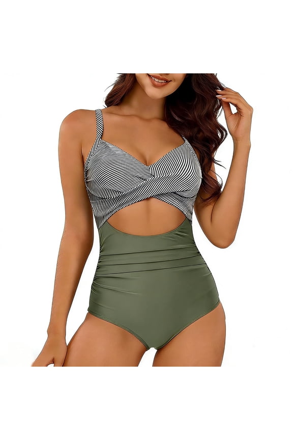 Women's One Piece Swimsuit Soft Padding Inserts Figure Flattering Lace Up Back Halter Neck Mesh Green L