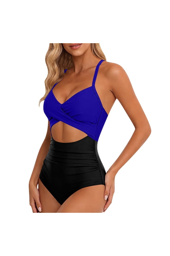 Women's One Piece Swimsuit Soft Padding Inserts Slimming Fit Bare Back Halter Neck Ring Hardware Blue M