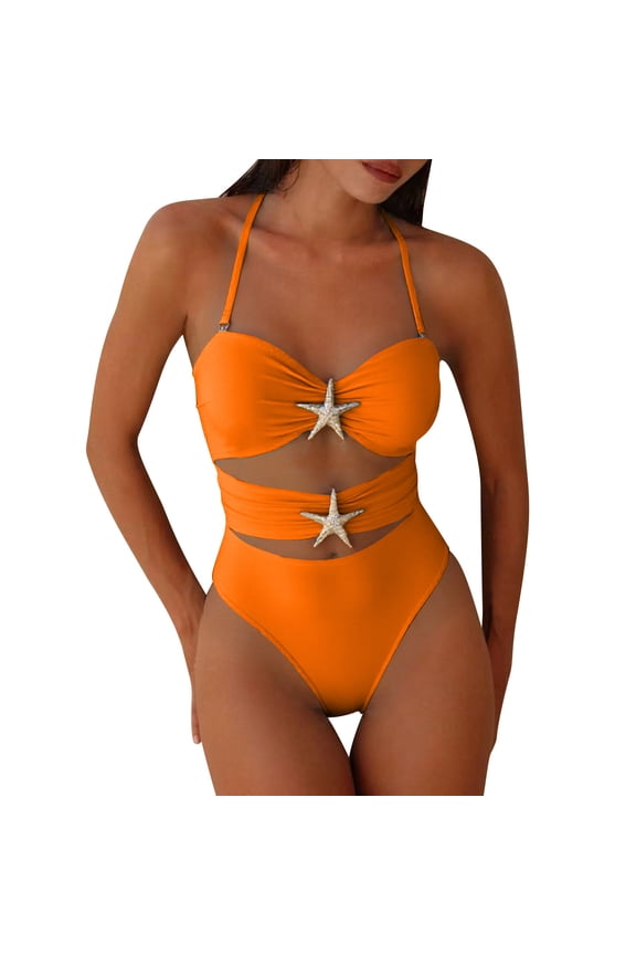 Women's One Piece Swimsuit Wirefree Design Tummy Control Cut Out Back Halter Neck Fringe Details Orange S