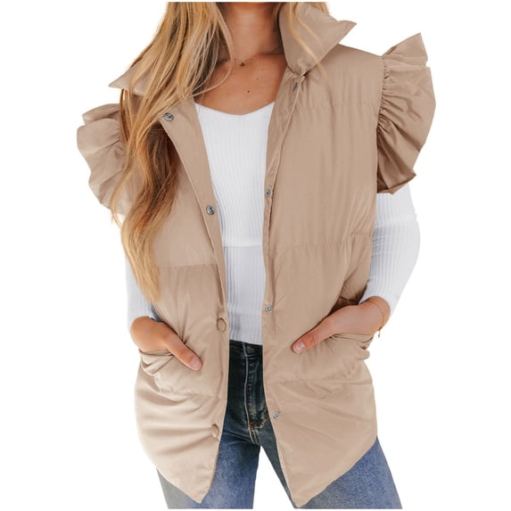 JSGEK Women's Puffer Vest Sleeveless Ruffled Winter Warm Padded Vest Outerwear Khaki XXL