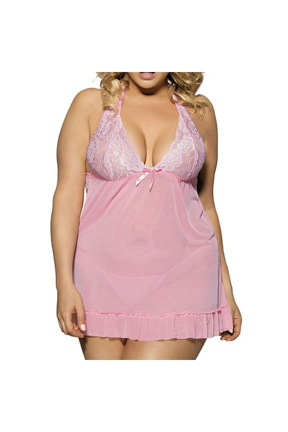 Women's See Through Lingerie Sexy Erotic Lingerie Mesh Lace Camisole Nightwear Pyjamas Babydoll Teddies, Plus Size Pink XXXXXXL