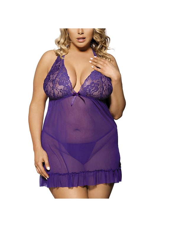 Women's See Through Lingerie Sexy Erotic Lingerie Mesh Lace Camisole Nightwear Pyjamas Babydoll Teddies, Plus Size Purple XXXXXL