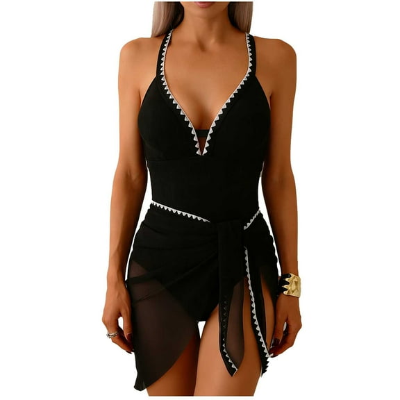 JSGEK Women's Sequin Tie Skirt Hem One Piece Swimsuit Versatile Design Comfortable Fabric Beach Casual Wear Black S