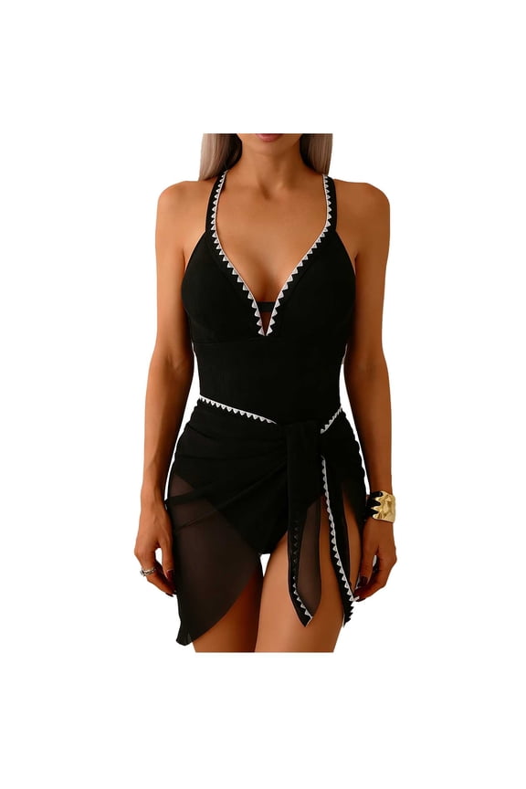 Women's Sequin Tie Skirt Hem One Piece Swimsuit Versatile Design Comfortable Fabric Beach Casual Wear Black S