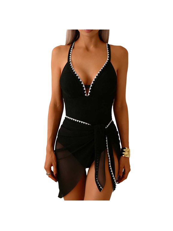 Women's Sequin Tie Skirt Hem One Piece Swimsuit Versatile Design Comfortable Fabric Beach Casual Wear Black XL