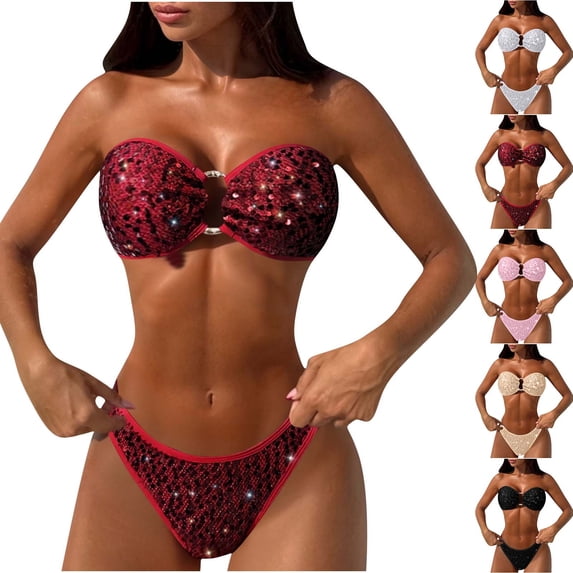 JSGEK Women's Sequin Two Piece Bikini Set Adjustable Straps Lightweight Fabric Beach Casual Wear Black L