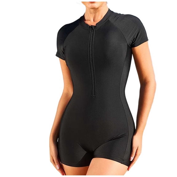 JSGEK Women's Short Sleeve Slim Fit One Piece Wetsuit Soft Material Stylish Design Surfing Beach Casual Wear Black M