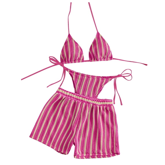 JSGEK Women's Striped Tie Two Piece Swimsuit Set Adjustable Straps Comfortable Fabric Beach Vacation Wear Pink L