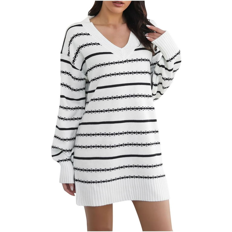 JSGEK Women's Summer Dresses Long Sleeve V-Neck Knee-High Cozy Striped Drop  Shoulder Knit Cozy for Leggings Dresses for Women Casual Sexy Clothes Tops