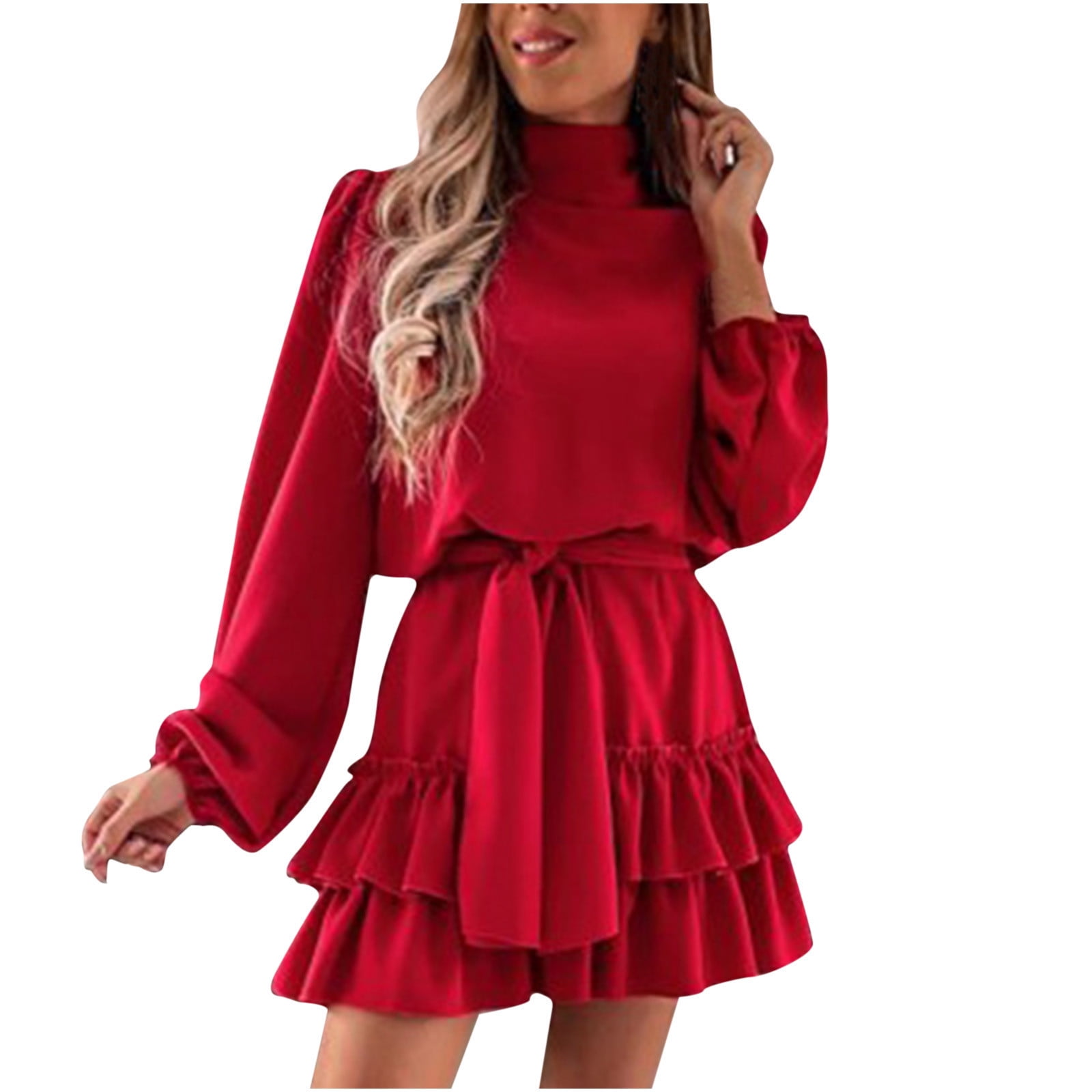 Holiday Dresses for Women 2022 Winter Fashion Plus Size Swing Mini Dress  Casual Solid Latern Long Sleeve Dress Pocket