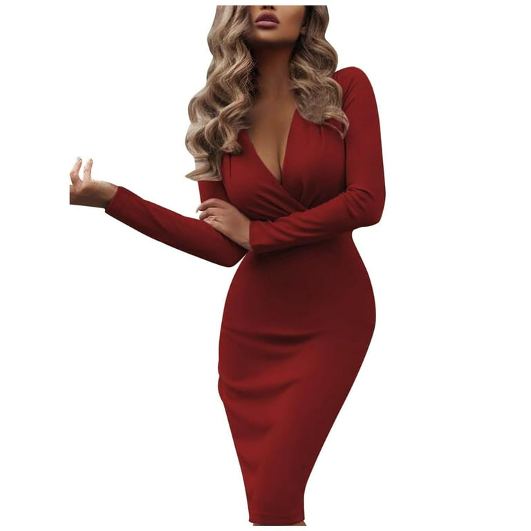 JSGEK Women s Summer Dresses Solid Color Long Sleeve Deep V Neck