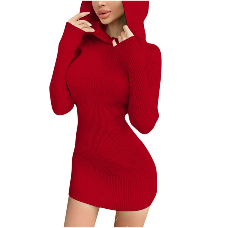 JSGEK Women's Summer Dresses Tops Dresses for Women Long Sleeve Hooded Neck  Sweatshirt Cozy Solid Color Pocket Tops for Leggings Casual Sexy Clothes