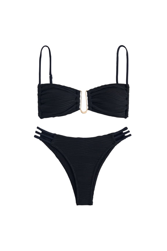 Women's Thin Strap Triangle Bikini Set Adjustable Straps Soft Fabric Beach Pool Casual Wear Black L