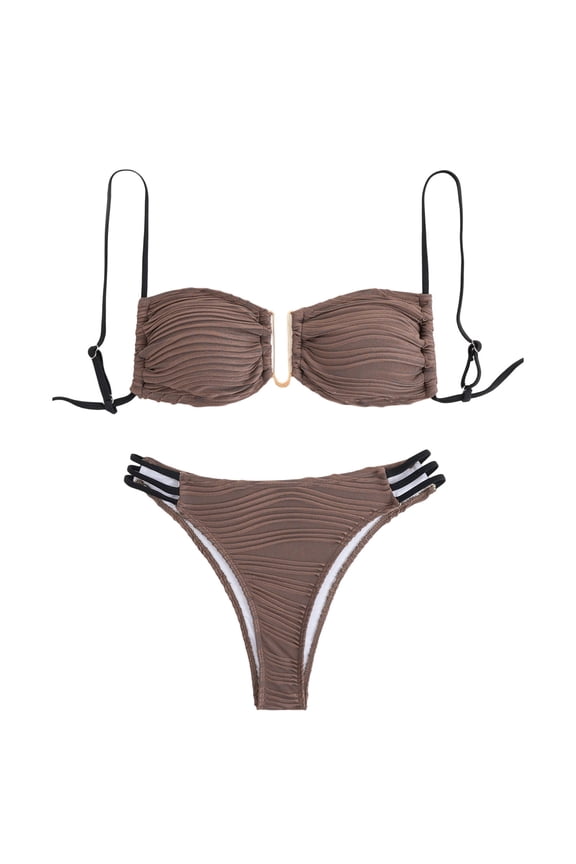 Women's Thin Strap Triangle Bikini Set Adjustable Straps Soft Fabric Beach Pool Casual Wear Brown M