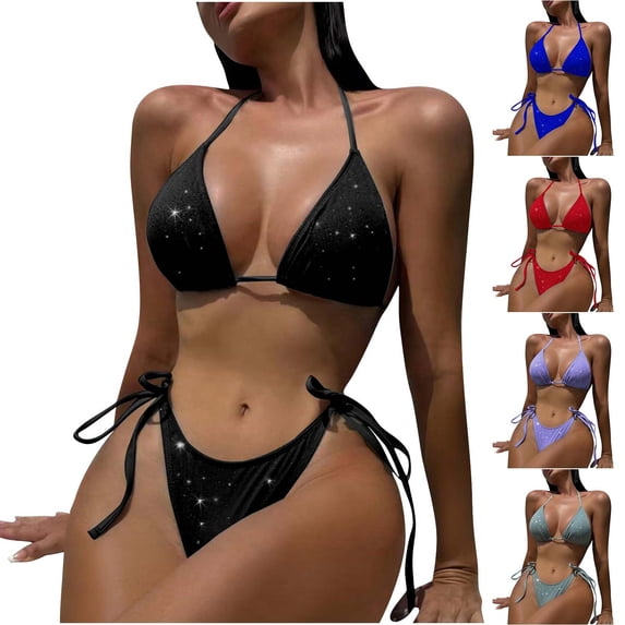 JSGEK Women's Tie Detail Two Piece Bikini Set Adjustable Straps Soft Fabric Beach Pool Wear Black L