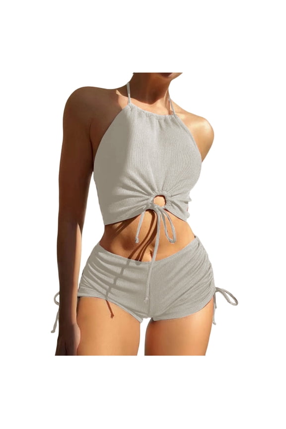 Women's Tie Detail Two Piece Swimsuit Stylish Design Lightweight Fabric Beach Vacation Casual Wear White S