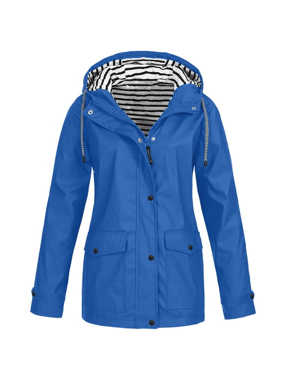 Women's Waterproof Rain Jacket Solid Color Lightweight Outdoor Hooded Raincoat for Hiking Travel Outdoor Light Blue XXXL