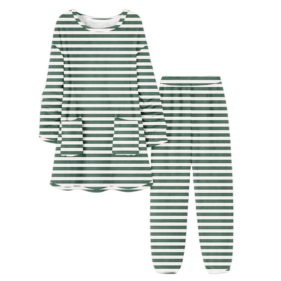 JSGEK Womens Casual Pajama Sets Short Sleeve Striped Design Soft Fabric Relaxed Silhouette for Home Daily Green L