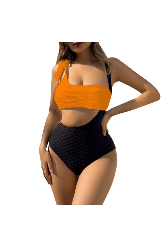 Womens Color Block Bikini Set High Waist Design Stretchy Fabric Relaxed Silhouette for Pool Parties Orange M