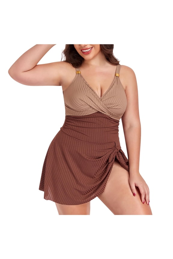 Womens Color Block Tankini Set Ruched Design Tummy Control Fabric Relaxed Silhouette for Water Activities Brown XXXXXL