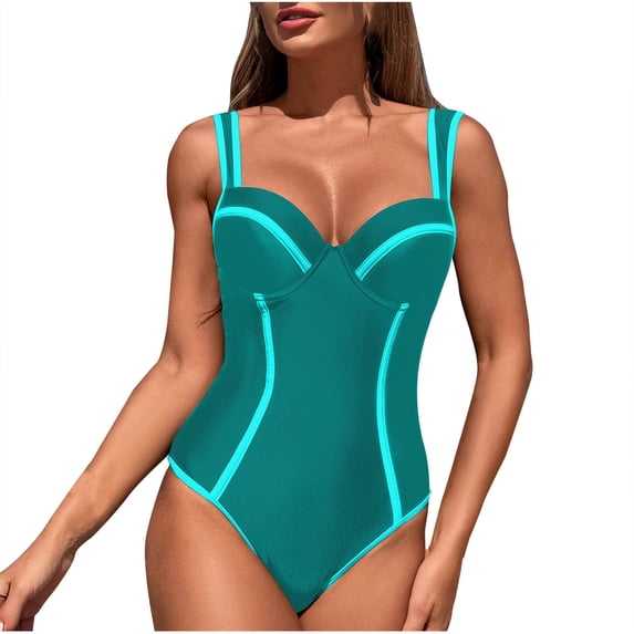 JSGEK Womens Contrast Trim One Piece Swimsuit Sweetheart Neck Design Breathable Fabric Relaxed Silhouette for Water Activities Green S