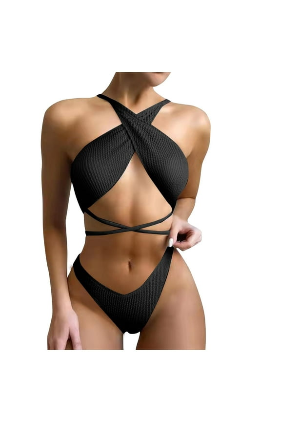 Womens Cross Front Bikini Set Halter Neck Design Breathable Fabric Relaxed Silhouette for Tropical Getaways Black S