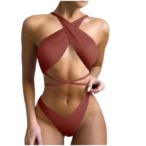 JSGEK Womens Cross Front Bikini Set Halter Neck Design Breathable Fabric Relaxed Silhouette for Tropical Getaways Brown S