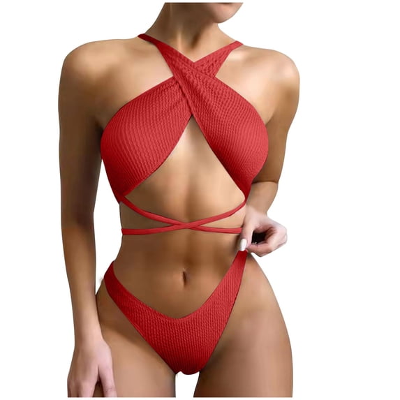 JSGEK Womens Cross Front Bikini Set Halter Neck Design Breathable Fabric Relaxed Silhouette for Tropical Getaways Red S