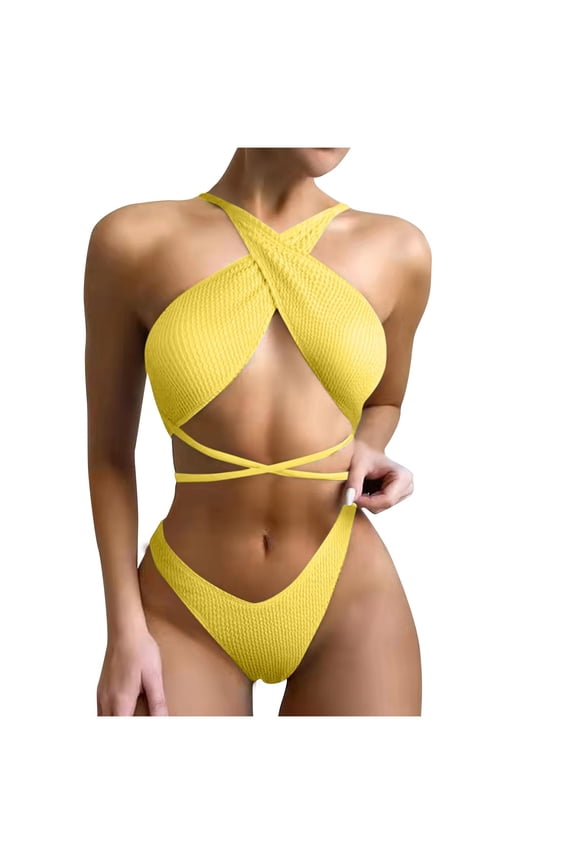 Womens Cross Front Bikini Set Halter Neck Design Breathable Fabric Relaxed Silhouette for Tropical Getaways Yellow M