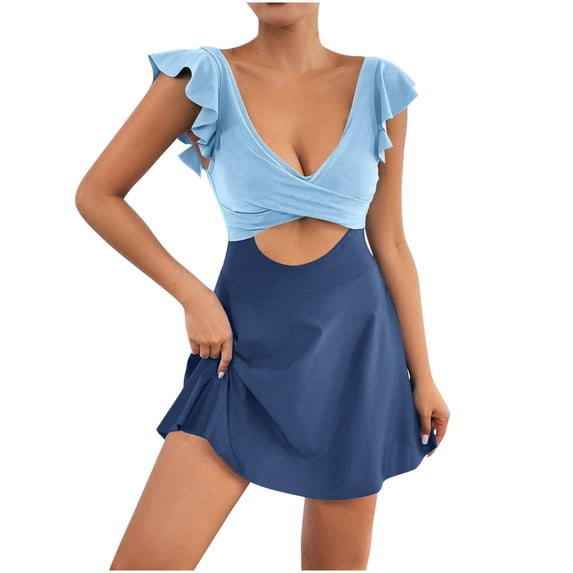 JSGEK Womens Cutout Swim Cover Up Romper Tie Waist Design Quick Dry Fabric Relaxed Silhouette for Cruise Wear Blue S