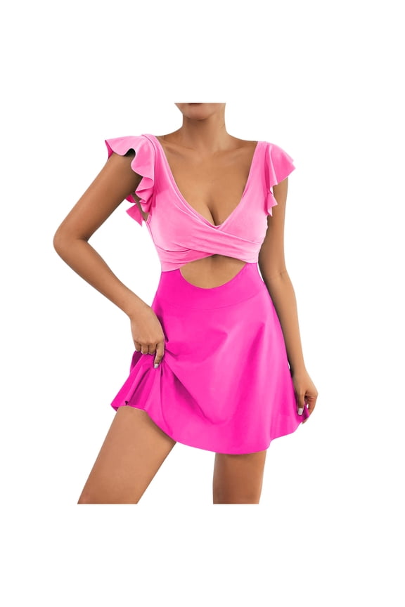 Womens Cutout Swim Cover Up Romper Tie Waist Design Quick Dry Fabric Relaxed Silhouette for Cruise Wear Pink M