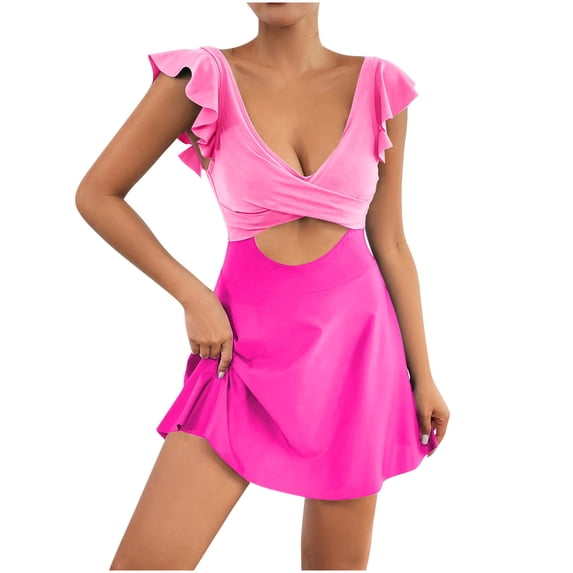 JSGEK Womens Cutout Swim Cover Up Romper Tie Waist Design Quick Dry Fabric Relaxed Silhouette for Cruise Wear Pink S
