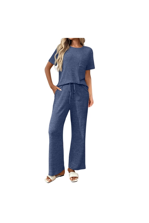 Womens Denim Pajama Sets Long Sleeve Button Design Relaxed Fabric Loose Silhouette for Daily Lounge Blue L