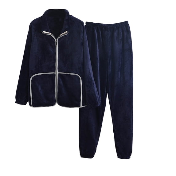 JSGEK Womens Fleece Pajama Sets Long Sleeve Button Design Warm Fabric Relaxed Silhouette for Daily Lounge Blue L