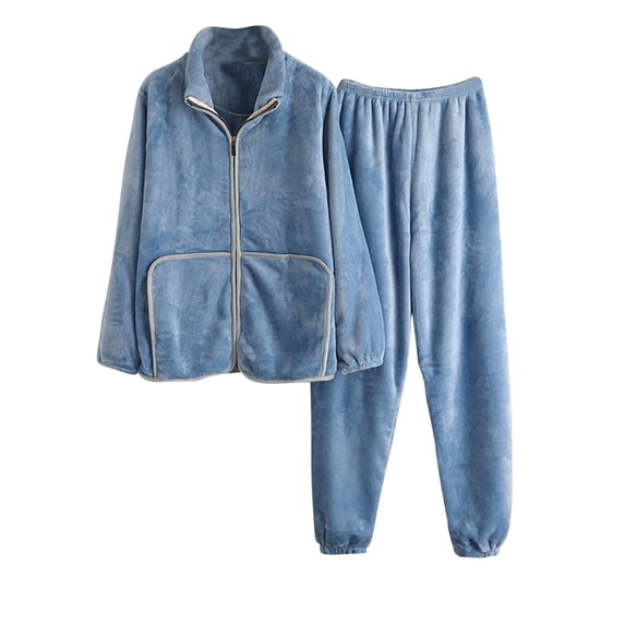 JSGEK Womens Fleece Pajama Sets Long Sleeve Button Design Warm Fabric Relaxed Silhouette for Daily Lounge Blue XXL