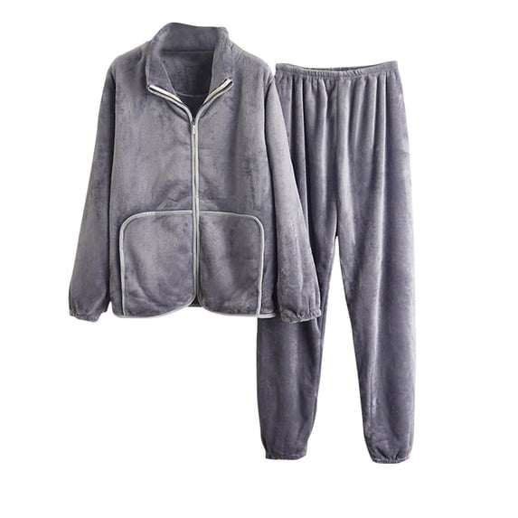 JSGEK Womens Fleece Pajama Sets Long Sleeve Button Design Warm Fabric Relaxed Silhouette for Daily Lounge Gray L