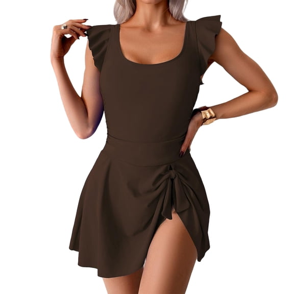 JSGEK Womens Flowy Swim Dress Ruffle Hem Design Quick Dry Fabric Relaxed Silhouette for Cruise Wear Brown S