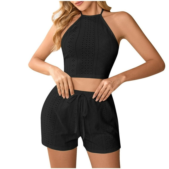 JSGEK Womens Halter Pajama Sets Sleeveless Checked Design Soft Fabric Relaxed Silhouette for Home Daily Black XL